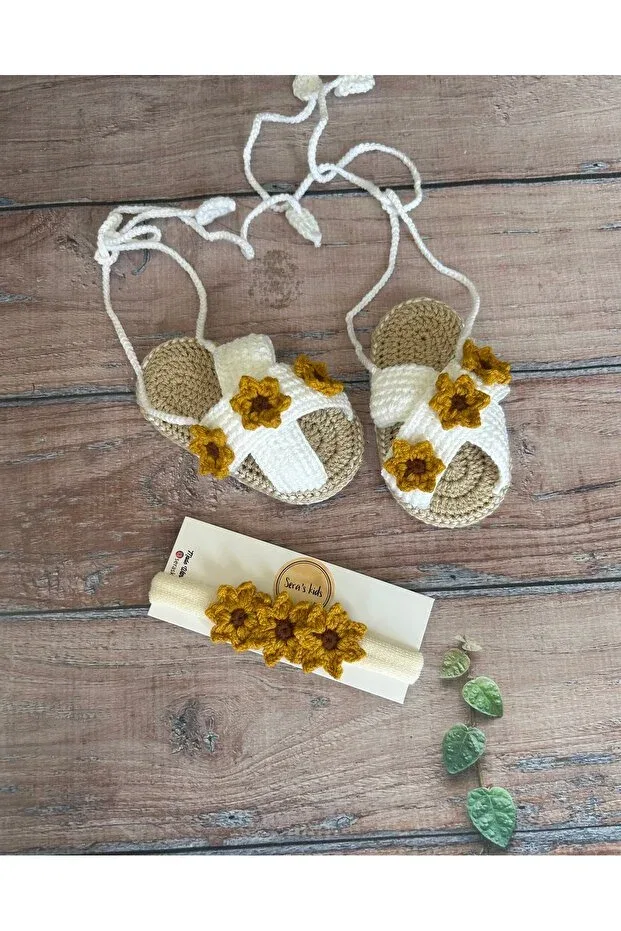 Детские сандалии для девочек с принтом Knitted white floral summer cross strap baby girl sandals booties and headband set Seraskids, White — фото 4