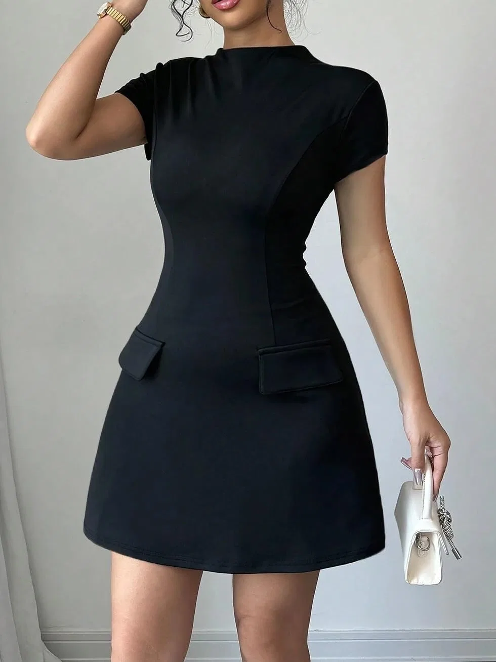 Женское повседневное платье A-силуэта с воротником-стойкой, Black — фото 3