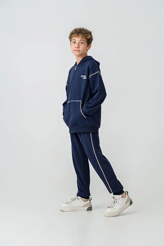 Детский комплект спортивного костюма для мальчиков с принтом Hyper Code Printed Hooded Boys' Bottom Top Tracksuit Set Mışıl Kids, Navy Blue — фото 3