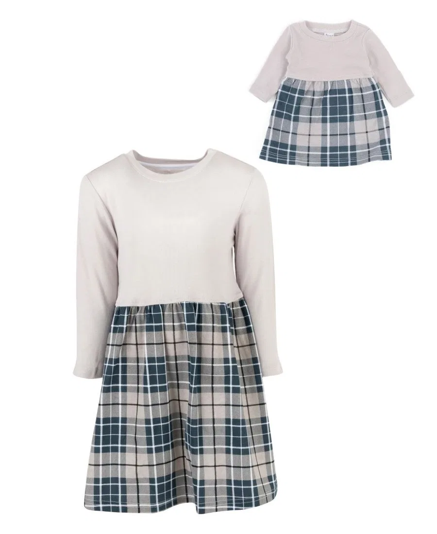 Платье-трапеция с длинным рукавом из хлопка с кукольным платьем Leveret, Plaid Light Grey — фото 3