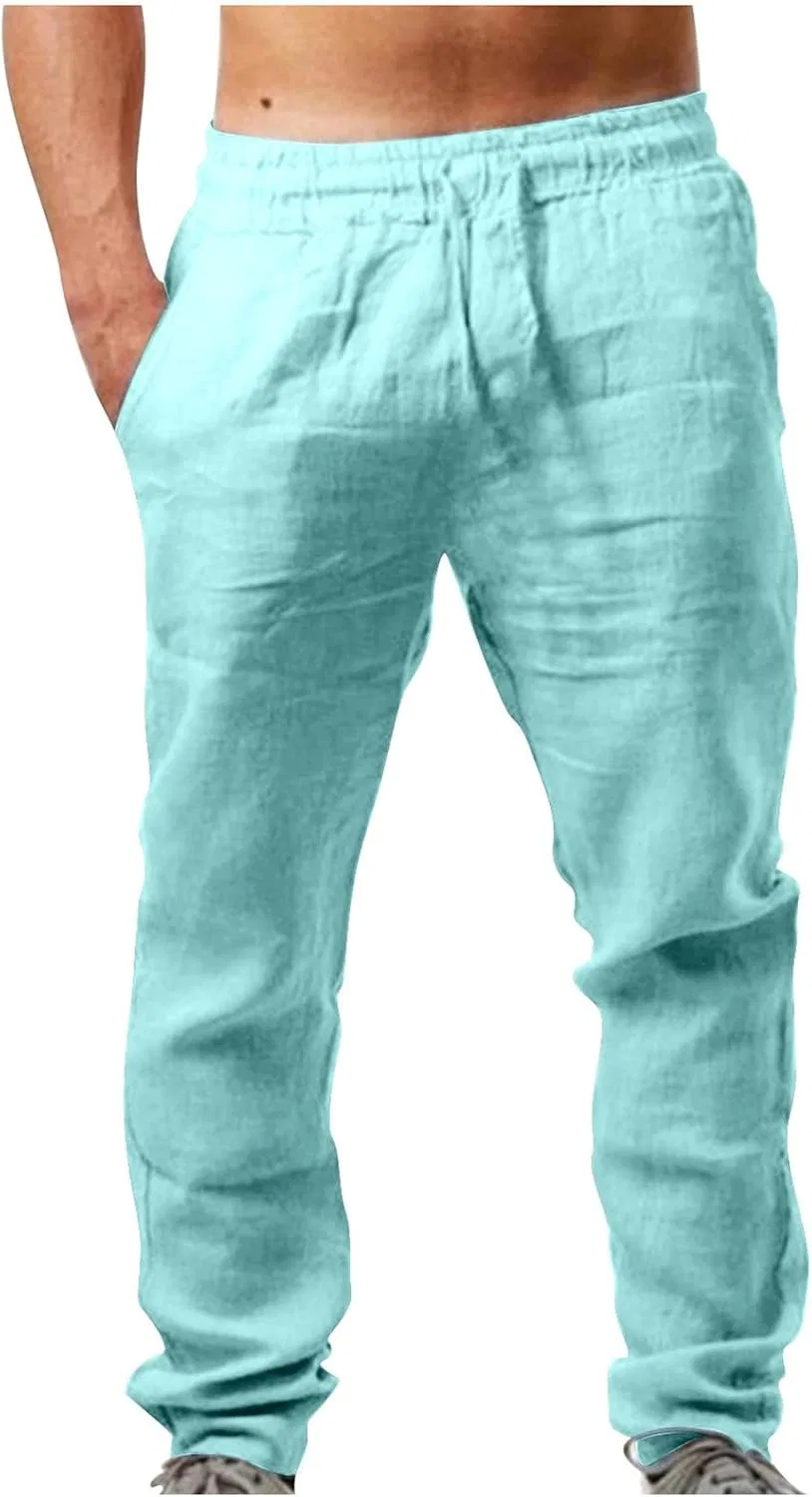 Мужские брюки из льна Slim Fit с завязками, мятный