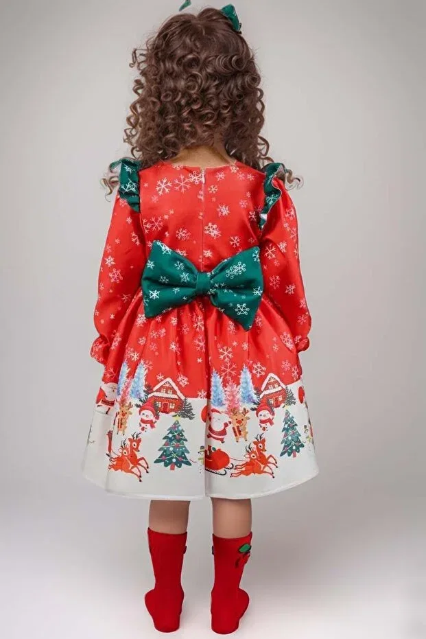 Детское платье для девочек с принтом Girls' red christmas dress with ruffled shoulders deer and snowflake print Riccotarz, Red — фото 2
