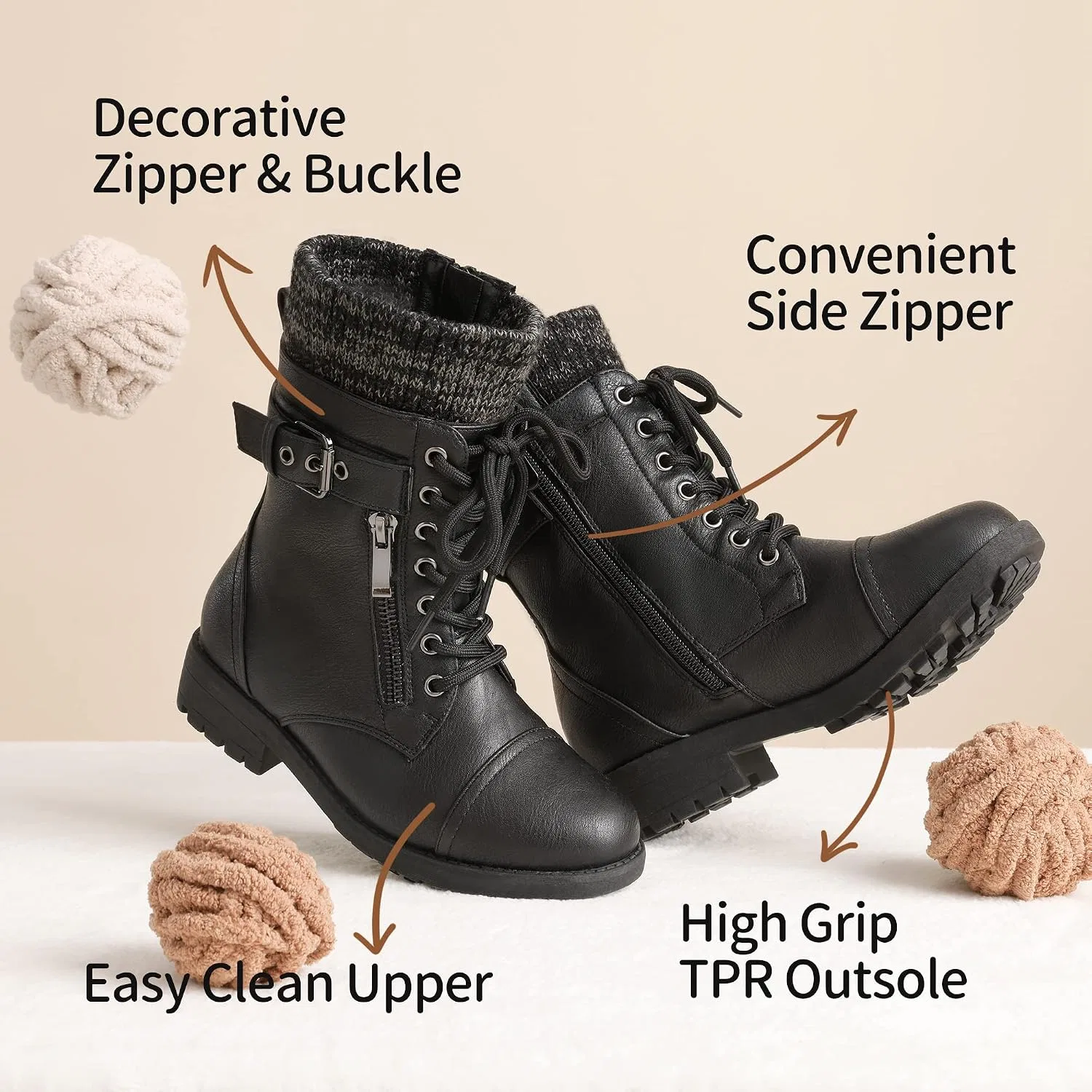 Детские ботинки для девочек с меховой подкладкой Combat Lace up DREAM PAIRS, Black — фото 4