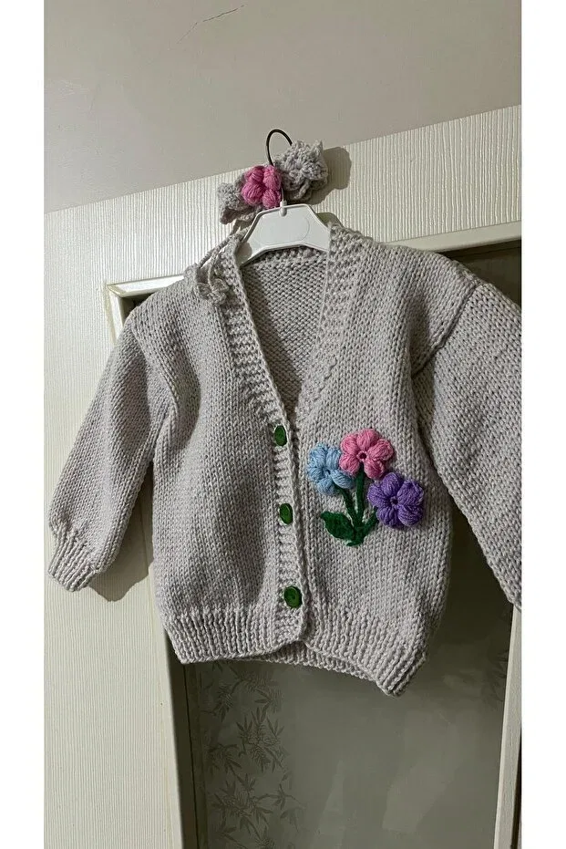 Детский кардиган с V-образным вырезом Hand knitted kids cardigan El Örgüsü Cici Bebe, Pebble