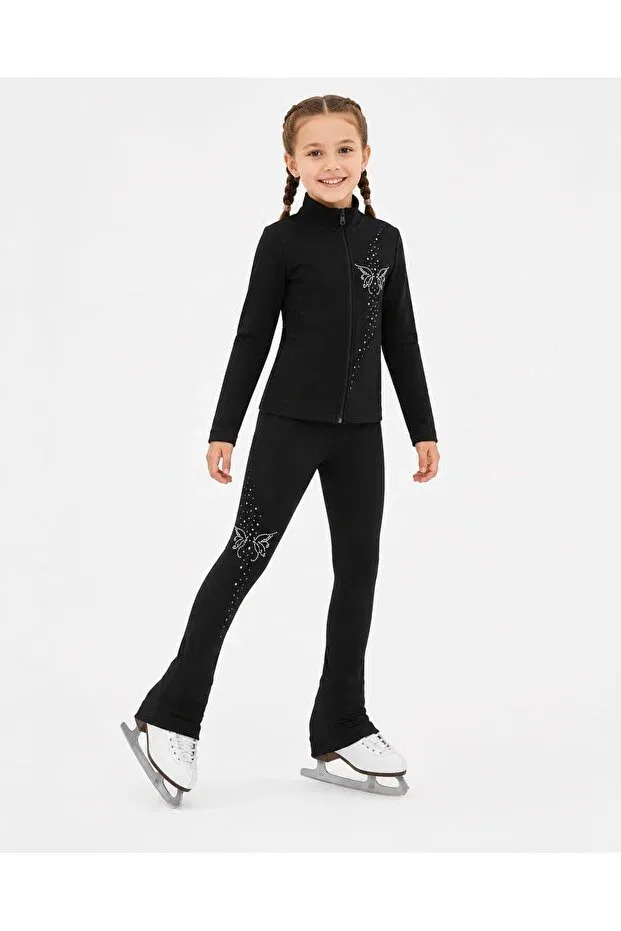 Детские леггинсы для девочек с принтом Butterfly Stone Detailed Thermal Ice Skating Icymove, Black