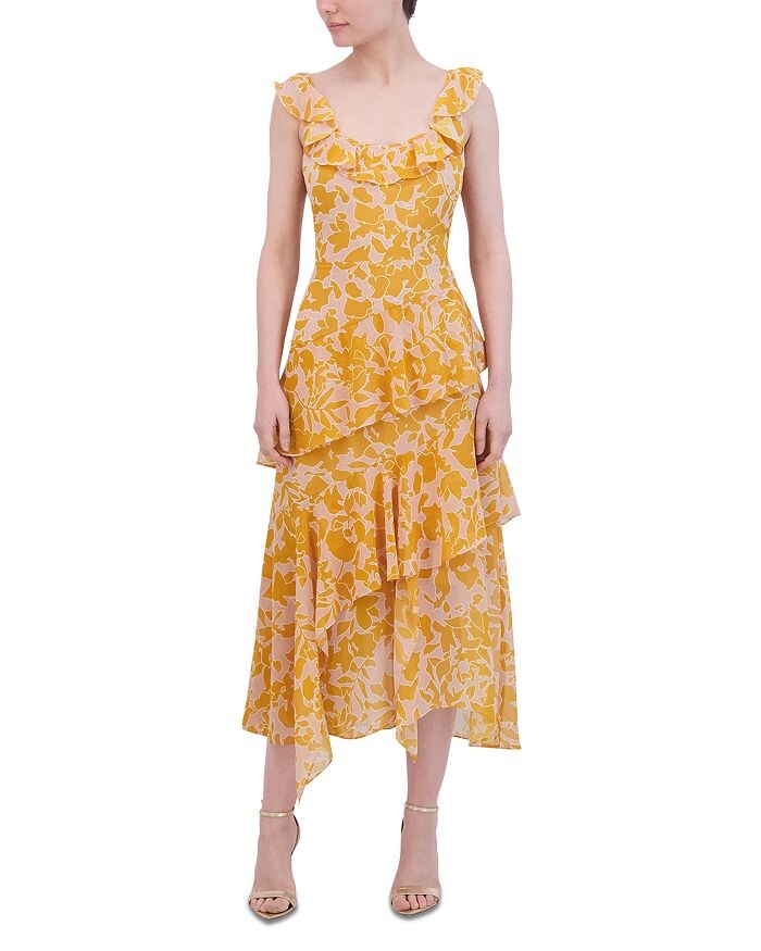 

BCBGMAXAZRIA Асимметричное многоярусное платье миди, желтый