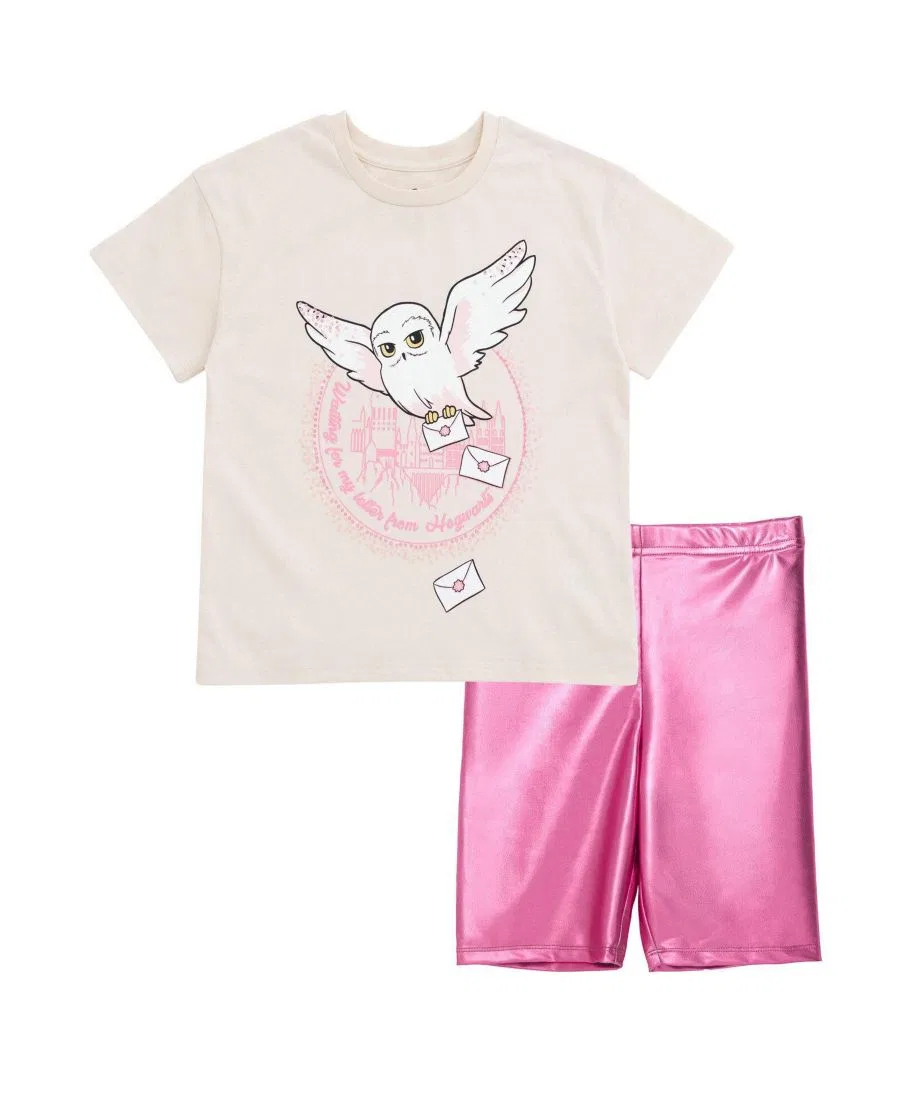 Комплект: футболка и велосипедки, с принтом Hedwig Harry Potter, Hedwig Beige Pink