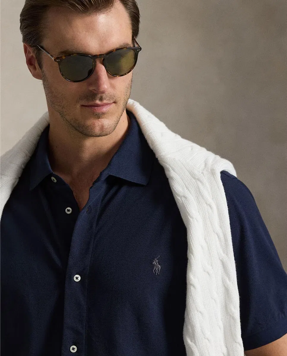 Мужская рубашка из хлопка, Piqué Azul Marino Aviador, Polo Ralph Lauren, темно-синий — фото 3