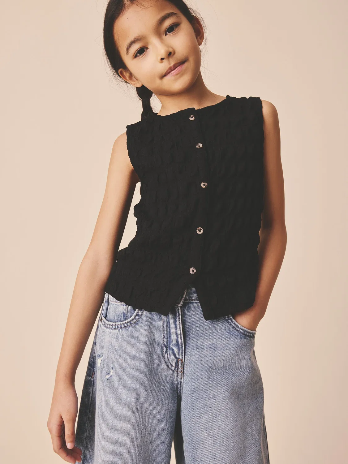 Топ с текстурой, пуговицами, модель Black Textured Button Front Top Next, черный