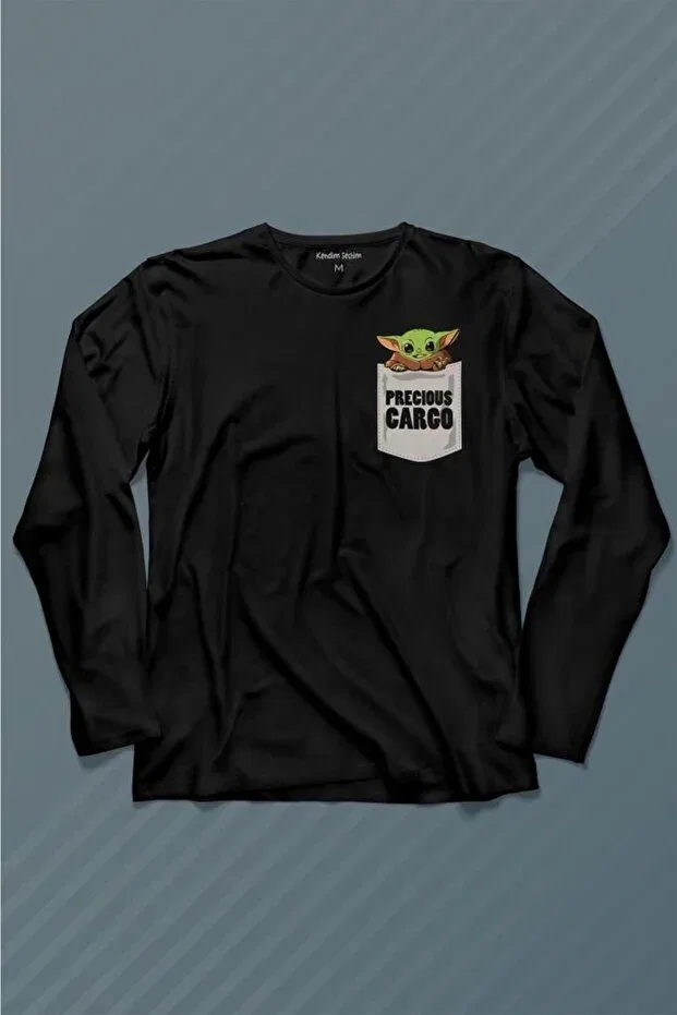 Детская футболка с длинным рукавом с принтом The Mandalorian Baby Yoda Pocket Design Kendim Seçtim, Black