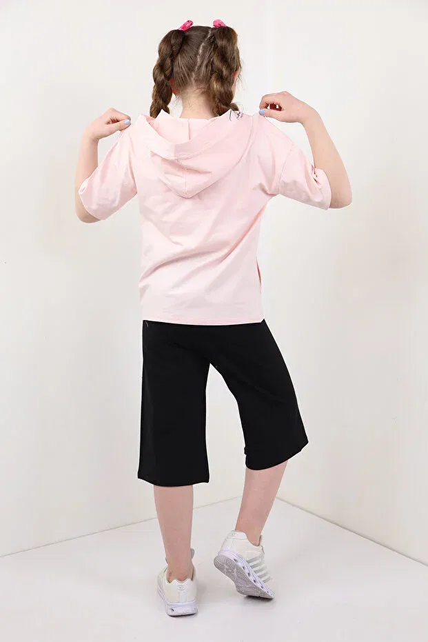 Детский комплект для девочек с принтом Bring the girl's chest! printed hooded capri set Toontoy, Powder — фото 2