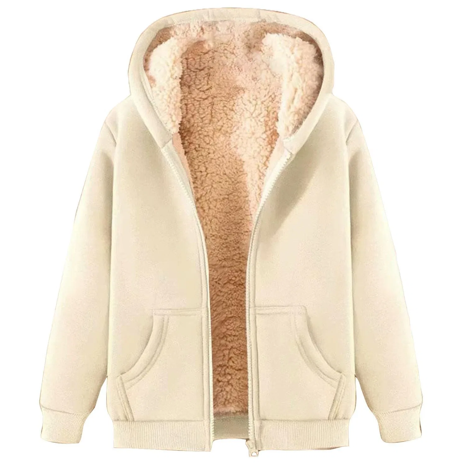 Женская куртка-худи на молнии с флисовой подкладкой, с карманами, однотонная, Beige — фото 3