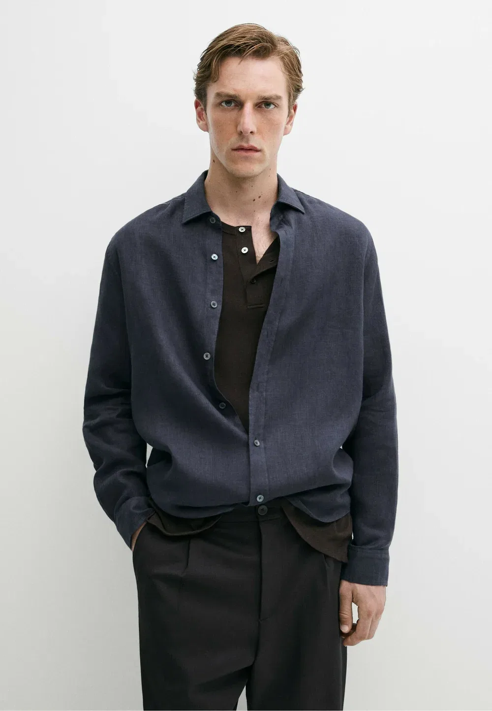 Рубашка из 100% льна, стандартного кроя Massimo Dutti, Blue