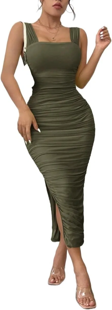Женское облегающее платье с разрезом на бедре Bodycon, Army Green