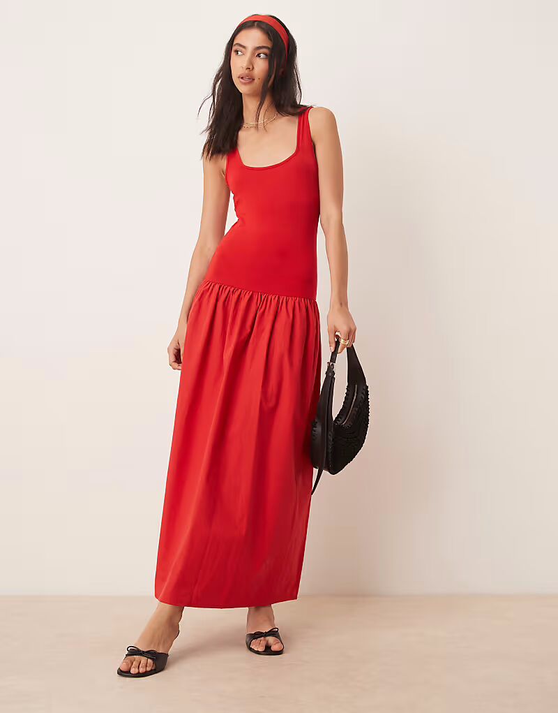 

Платье макси из поплинового микса ASOS DESIGN с квадратным вырезом красного цвета