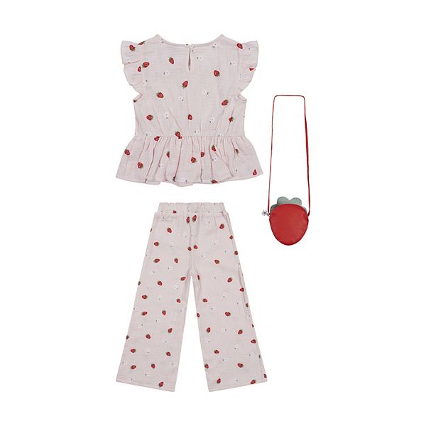 Детский комплект для девочек 4-6x: топ, шорты-кюлоты и сумочка с принтом strawberry print Little Lass — фото 2