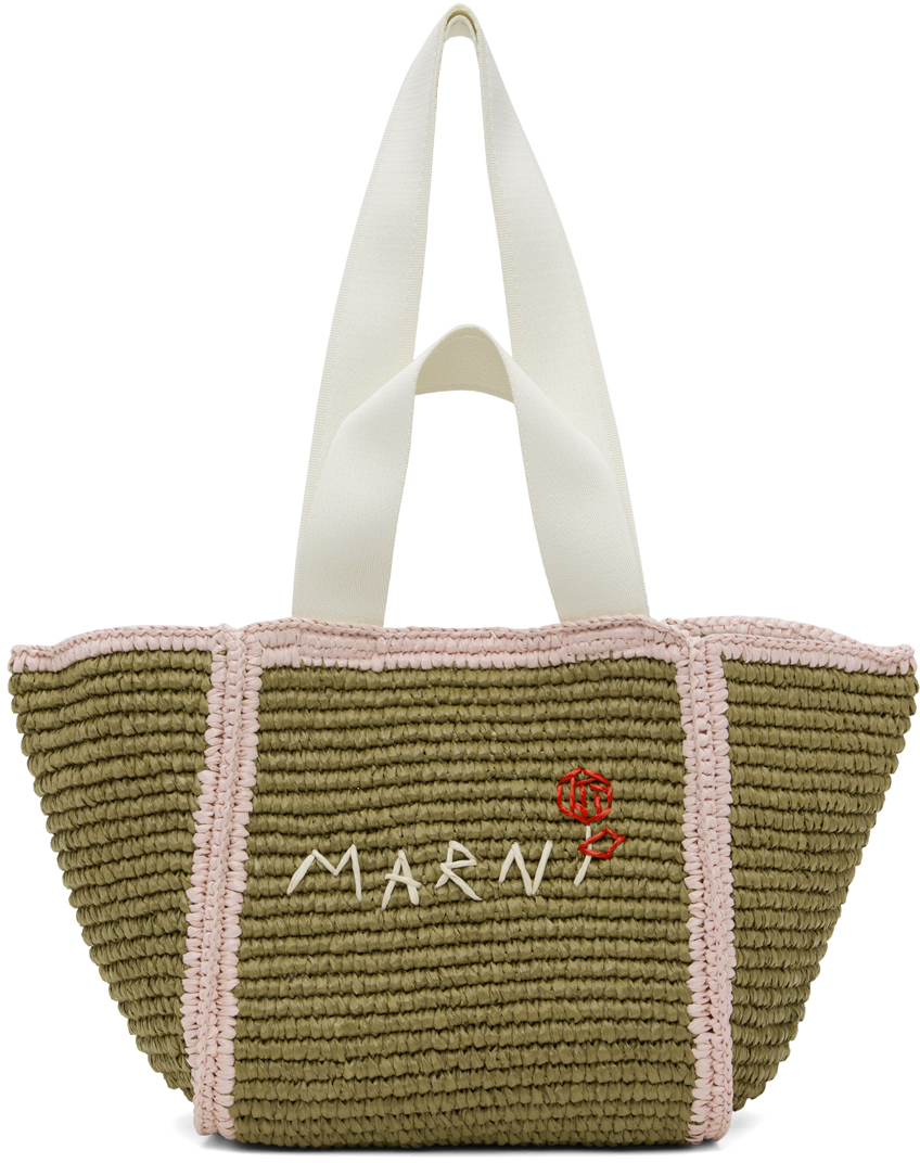 

Маленькая сумка-шоппер Sillo из зеленого и розового макраме Marni