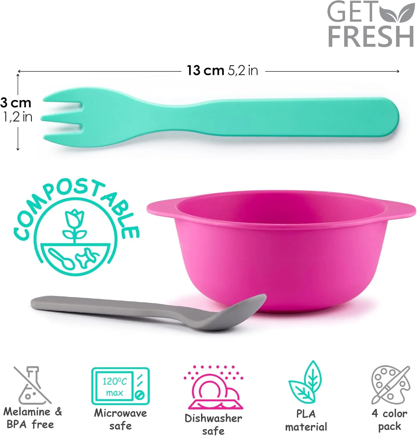 Набор детских ложек и вилок get fresh pla из 8 предметов, без меламина, безопасен для микроволновки и посудомоечной машины, многоразовая посуда для детей — фото 2