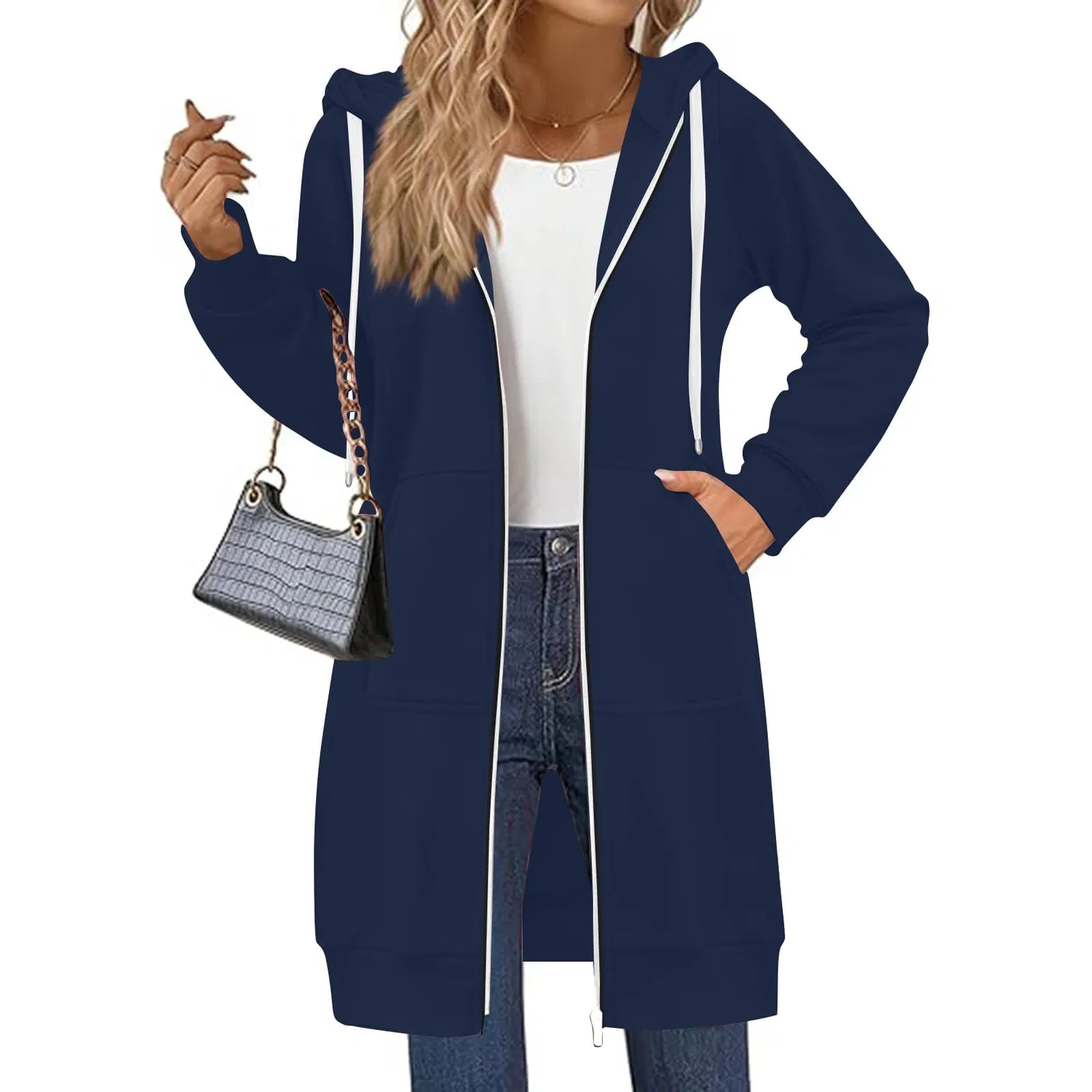 Женское пальто с длинным рукавом и капюшоном, классический крой, 01-blu navy