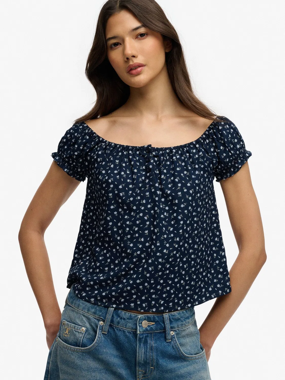 Топ с коротким рукавом и полузастежкой Superdry Navy