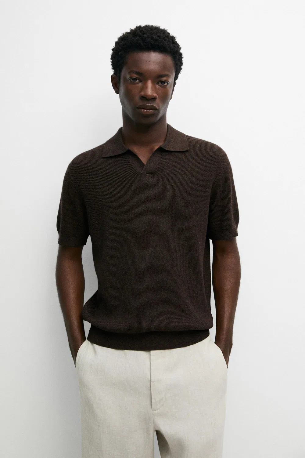 Поло-свитер Massimo Dutti Cotton Blend Knit, коричневый