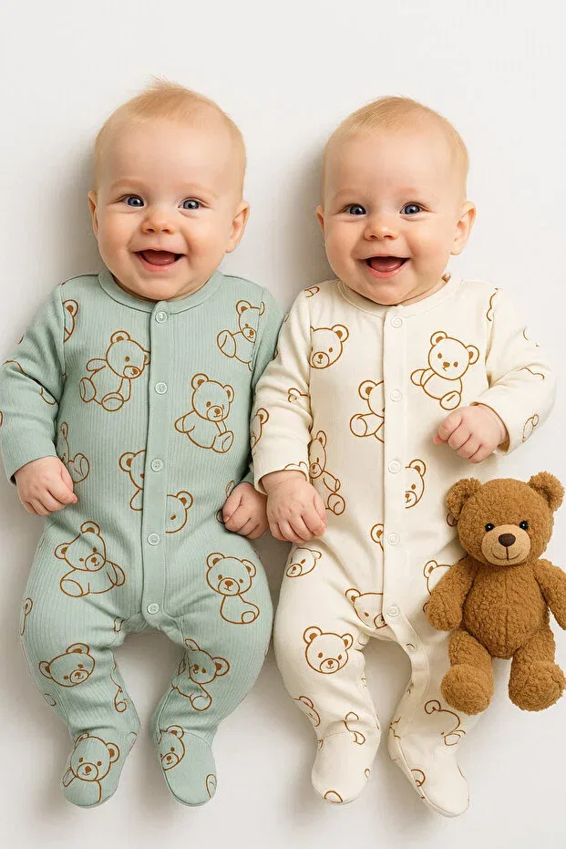 Детский комбинезон для мальчиков с принтом Teddy Bear Patterned 2-Piece Jumpsuit Set Verona Tarz, Khakibeige — фото 3