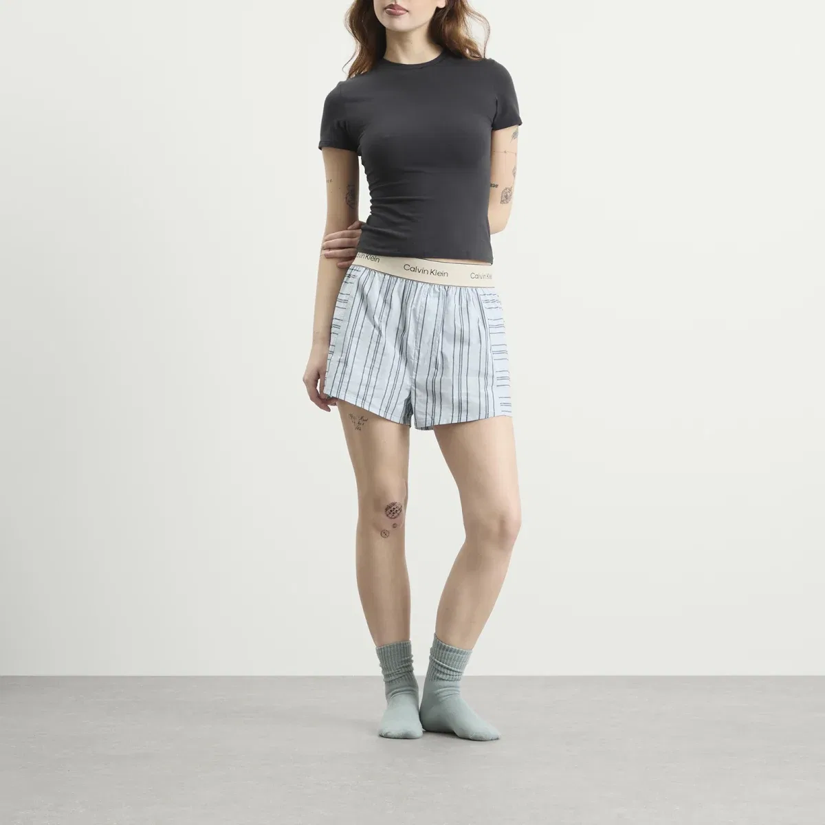Шорты для сна из хлопкового поплина Calvin Klein, Majorca Stripe Breezy Blue — фото 4