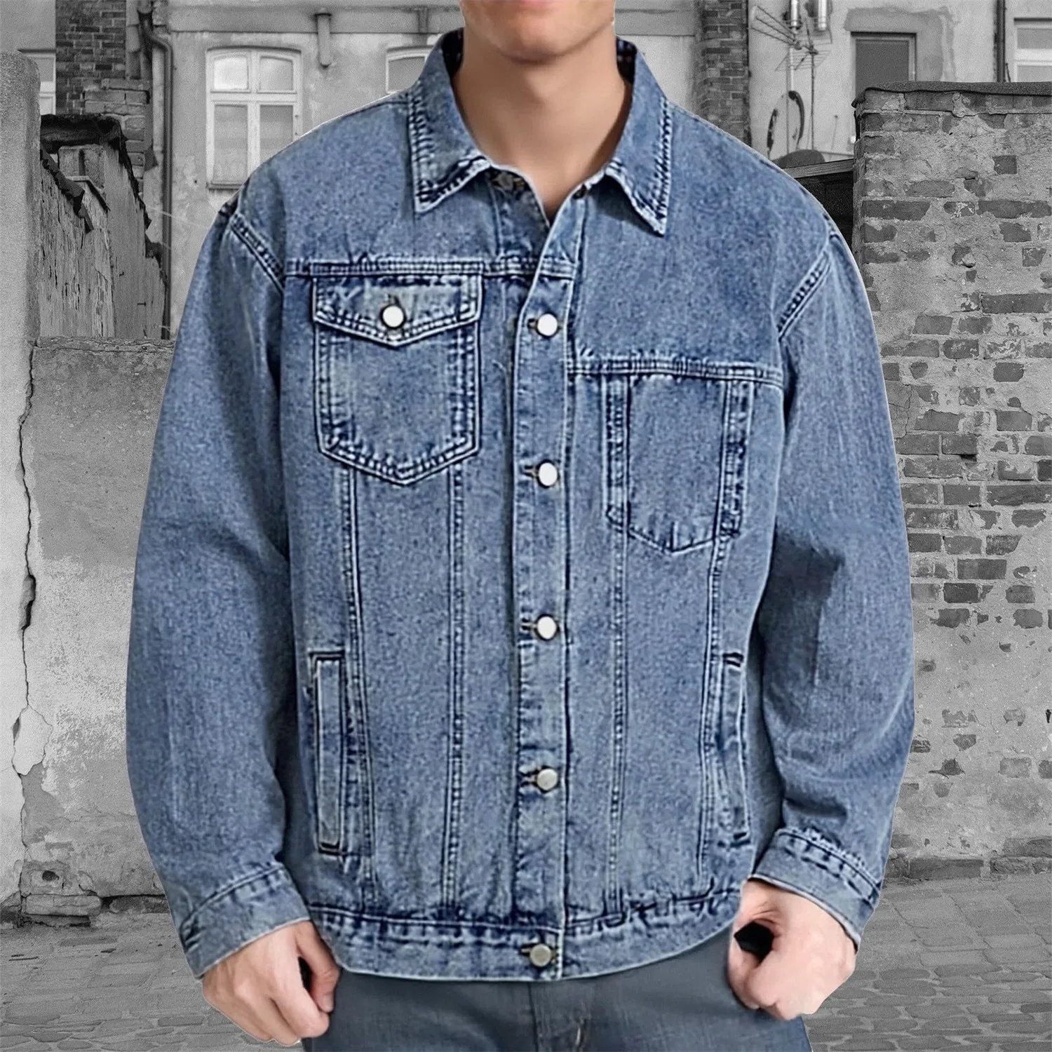 Мужская джинсовая куртка с потертостями и длинным рукавом, Z11-blue Denim Giacca Uomo — фото 3