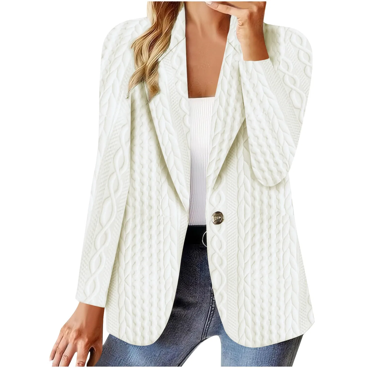 Женский жакет с лацканами и одной пуговицей, без карманов, Fashion Women Jackets UK Knitted Jacquard Jacket, White