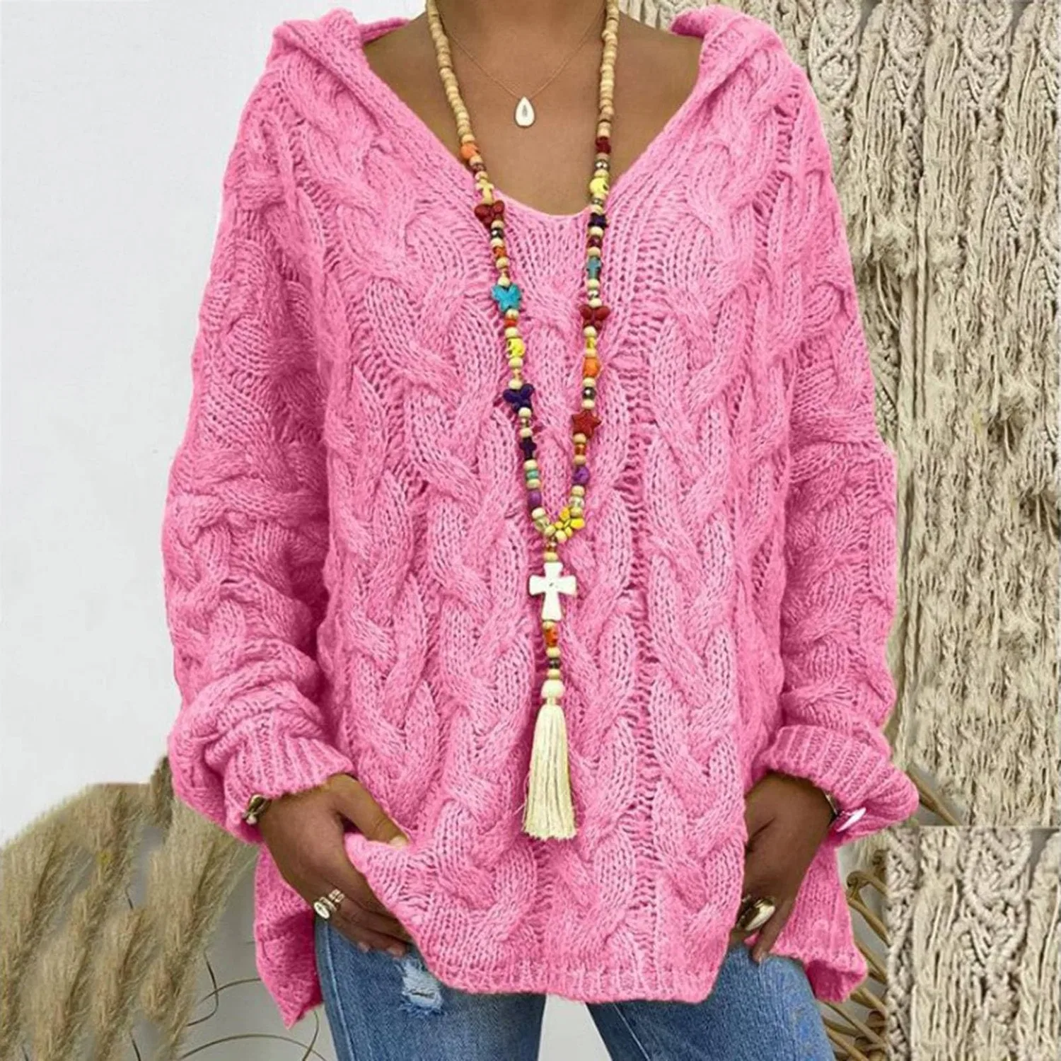 Женский свитер с V-образным вырезом Winter Warm Sweaters, Pink — фото 2