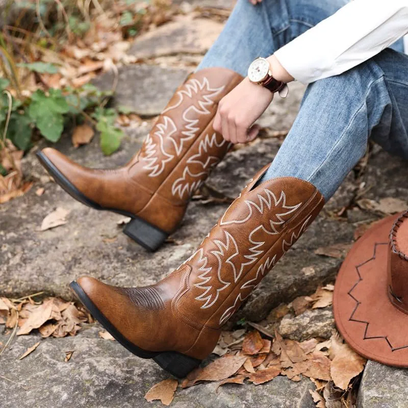Мужские ковбойские сапоги, сапоги в стиле вестерн с острым носком, сапоги до середины икры, высокие сапоги до колена с вышивкой и массивным каблуком для мужчин Hhhchpm, коричневый — фото 4