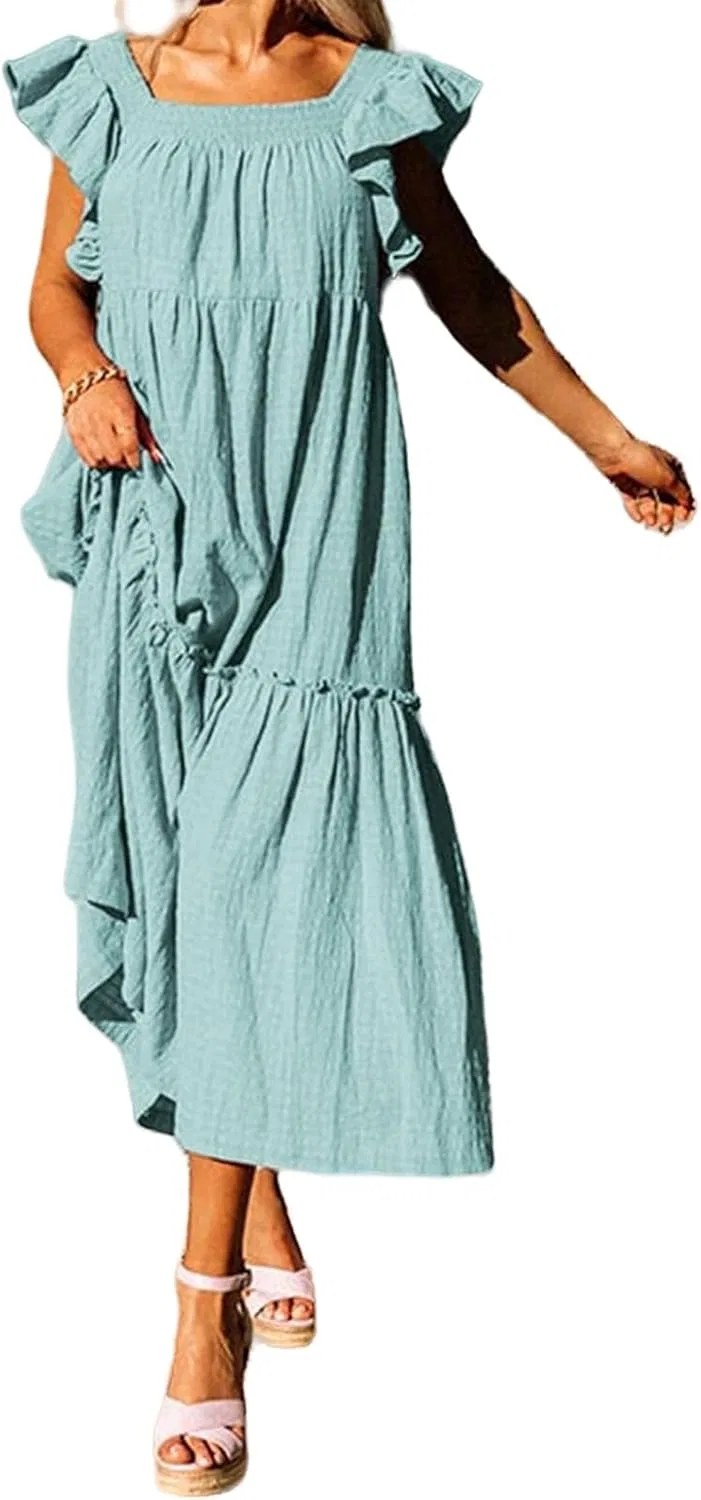 Женское летнее макси-платье с рюшами и квадратным вырезом, Light Green — фото 3