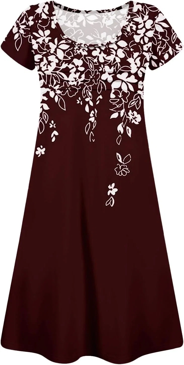 Женское летнее платье с цветочным принтом T-Shirt Dress, Wine — фото 4