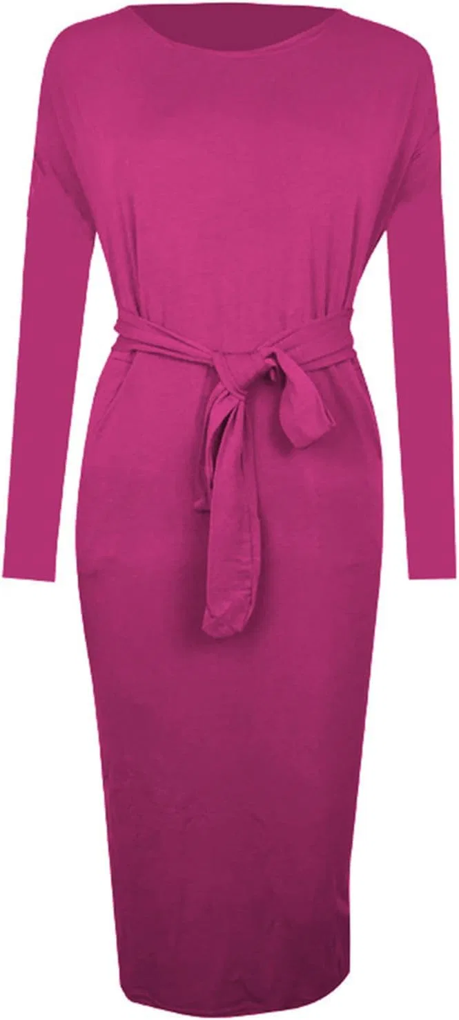 Женское повседневное платье миди с длинным рукавом, Hot Pink