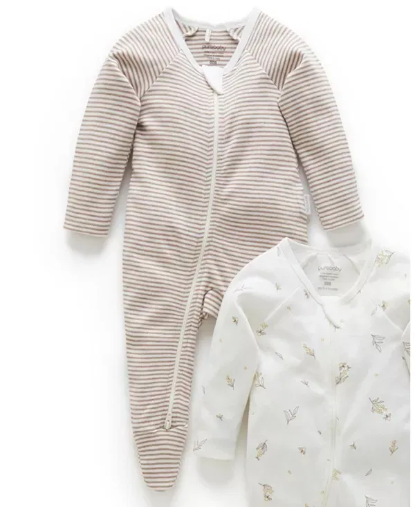 Детский комбинезон с длинным рукавом 2-Pack Zip Footie Purebaby, Vanilla Wattle Bee Pack — фото 3
