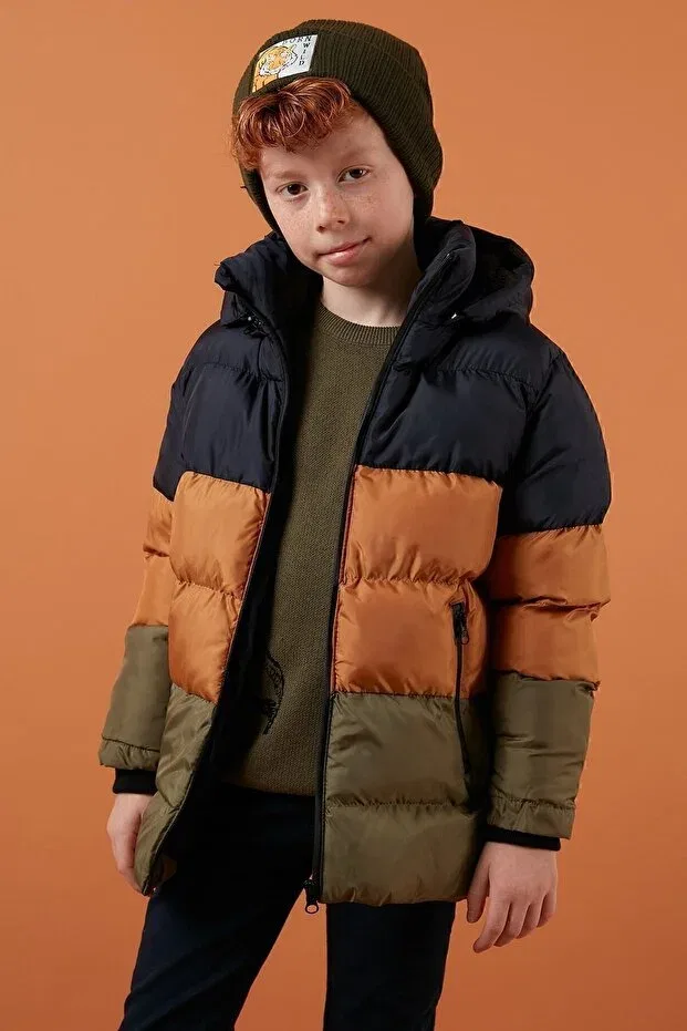 Детское пальто-пуховик для девочек с капюшоном Lela, Navy Blue-Taba-Khaki