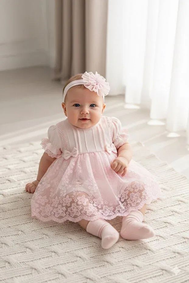 Детское платье для девочек кружевное с комплектом банданы Miniday Baby, Pink — фото 3