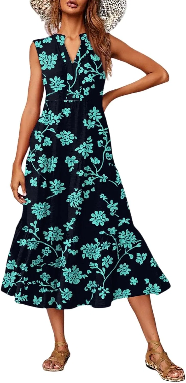Женское летнее макси-платье с цветочным принтом, Sleeveless V Neck Tiered Ruffle, Navy