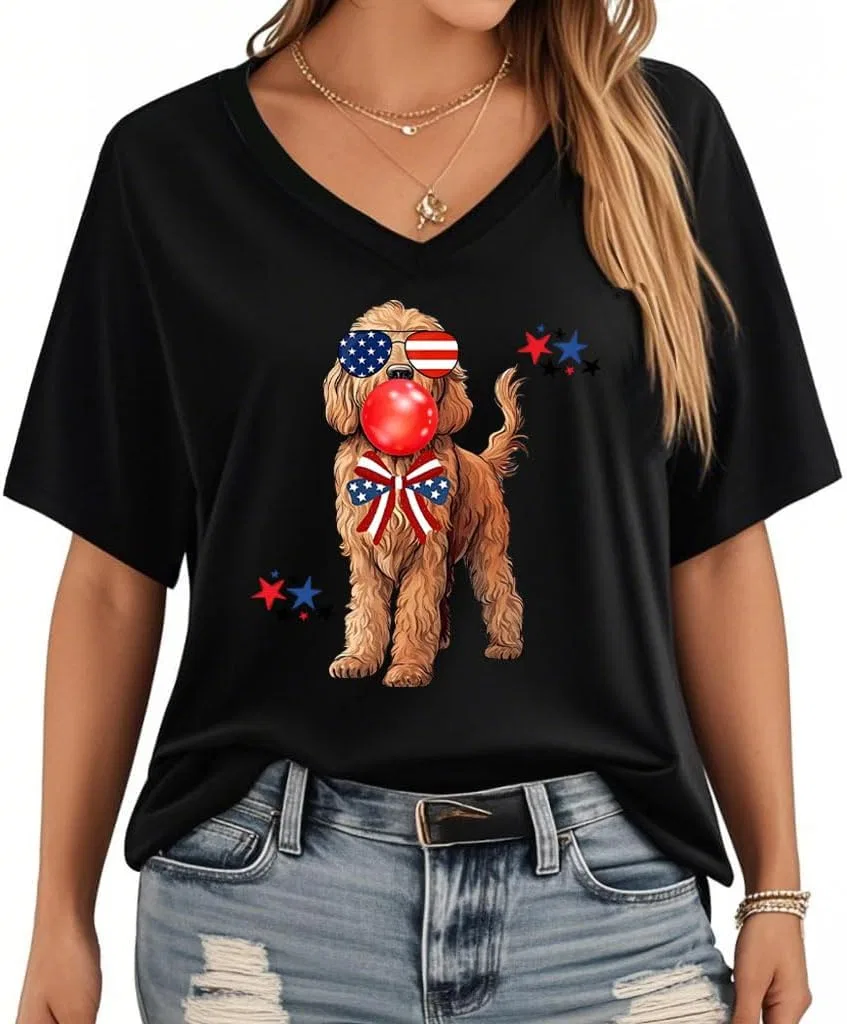 Футболка с принтом Goldendoodle 4th of July, Black
