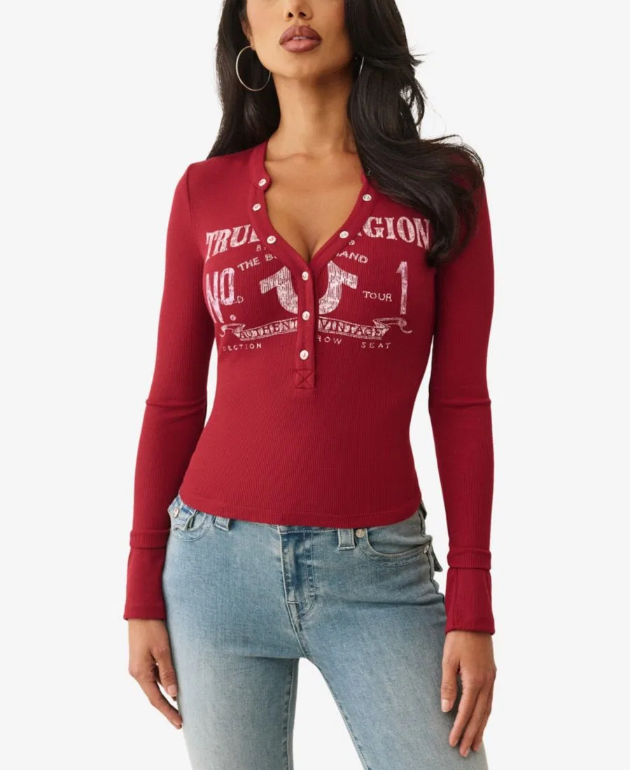 Женская футболка с длинным рукавом и принтом True Religion, Biking Red