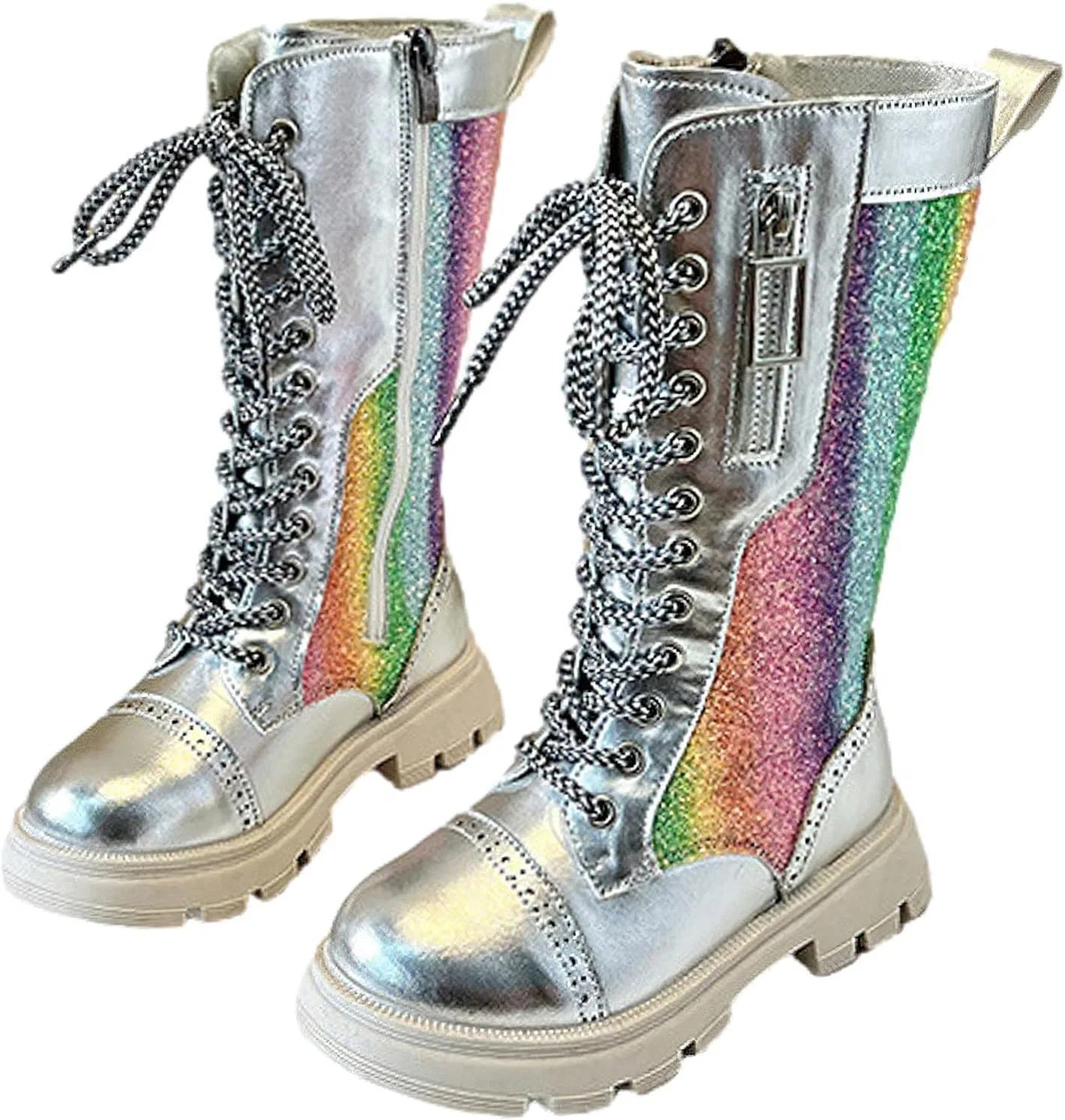 Детские сапоги для девочек с боковой молнией и шнуровкой Sparkly Riding Shoes rismart, Silver — фото 2