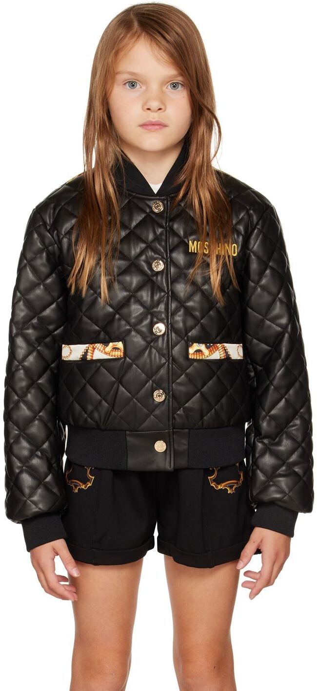 

Детская черная куртка из искусственной кожи с принтом Moschino, Черный, Детская черная куртка из искусственной кожи с принтом Moschino
