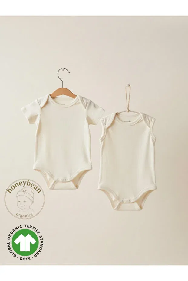 Детское для новорожденных боди-комбинезон хлопковый набор Honeybean organic cotton baby body set gots certified sleeveless and short sleeve Eslenza, Ecru