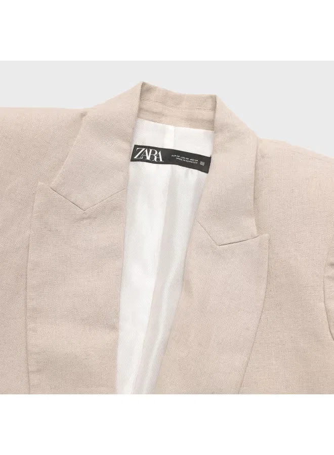 Жакет деловой свободного кроя с подплечниками Zara, светлый лен — фото 4