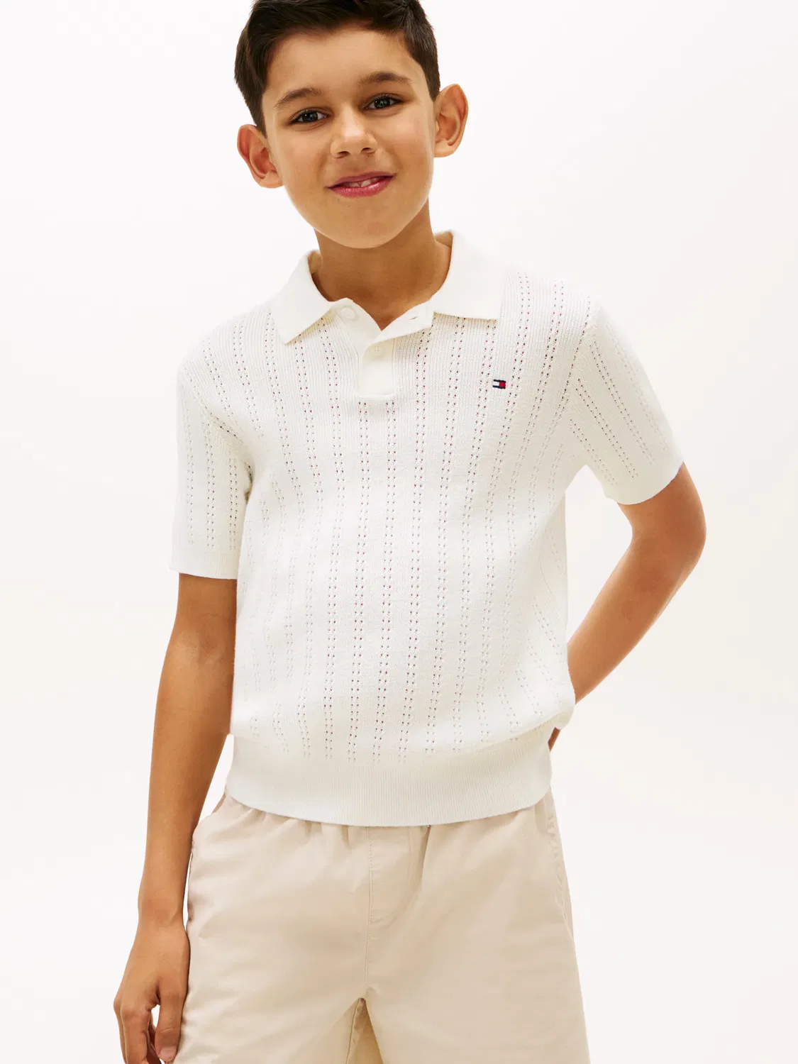 Детский джемпер поло из хлопка с открытой вязкой Tommy Hilfiger, Blanco
