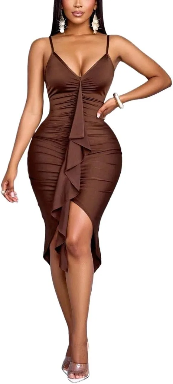 Женское миди-платье с рюшами Cami, Brown