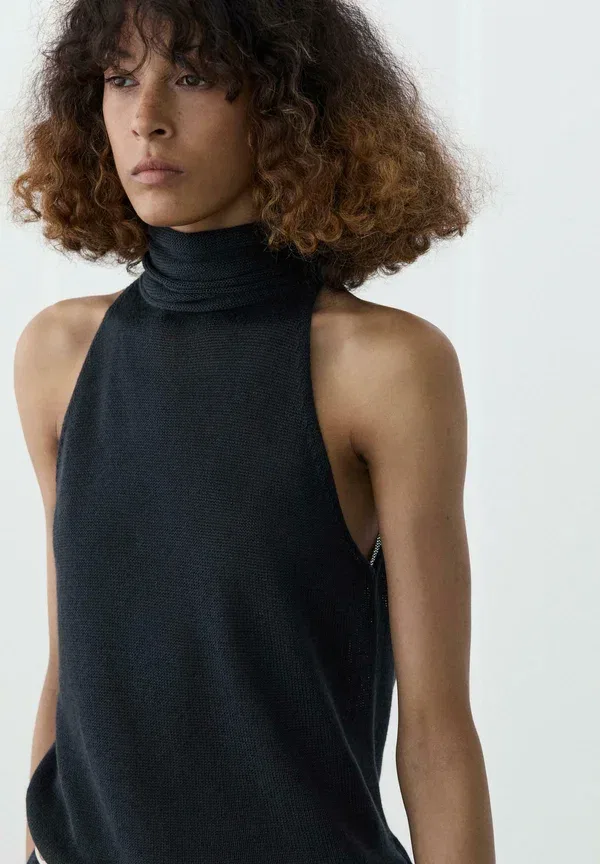 Топ на завязках с высокой горловиной Flowing halter top with tie, Massimo Dutti, крапчатый темно-синий — фото 2