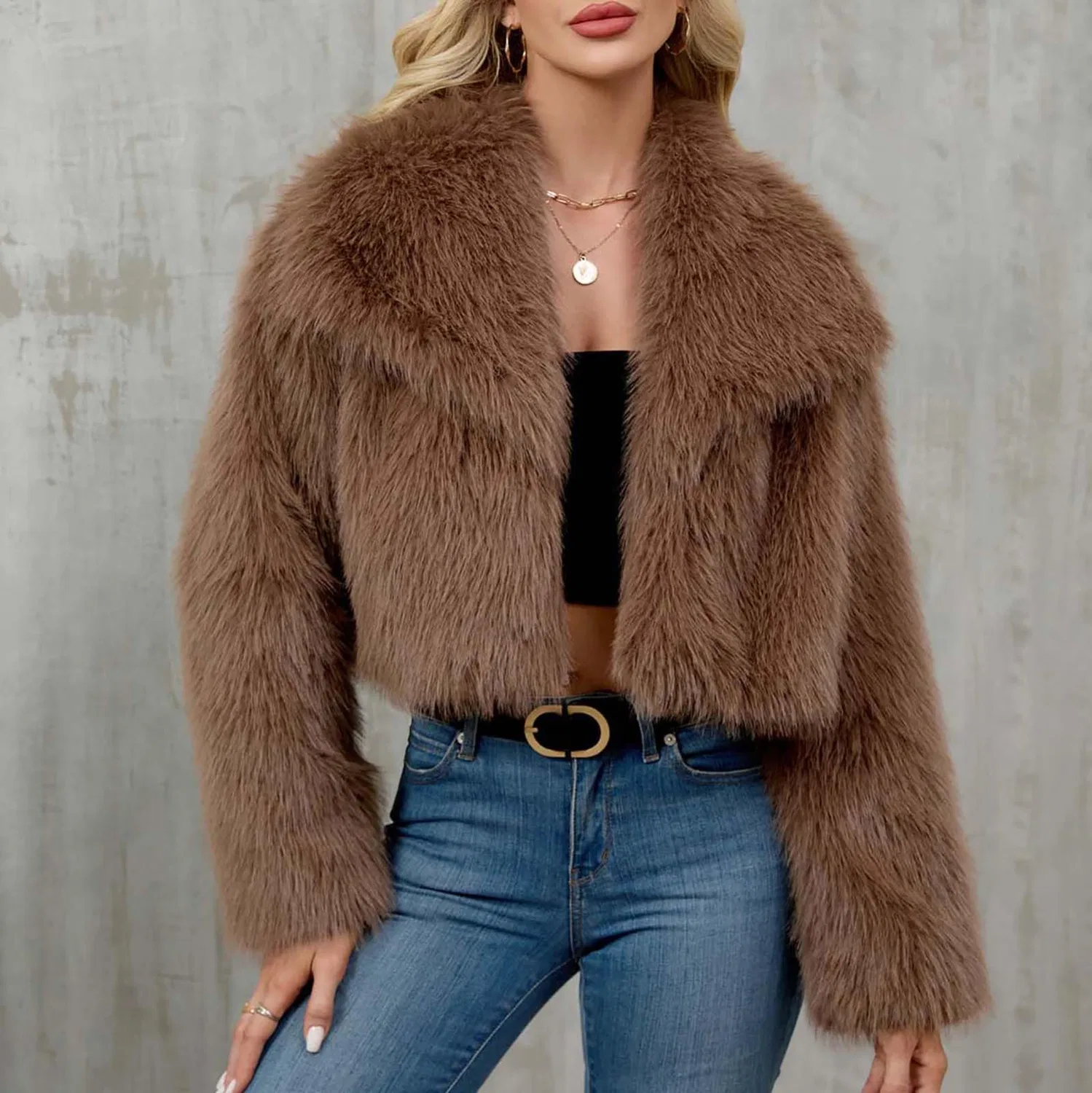 Женское пальто из искусственного меха с длинным рукавом, с принтом, модель Faux Fur Jackets, Marrone B — фото 2
