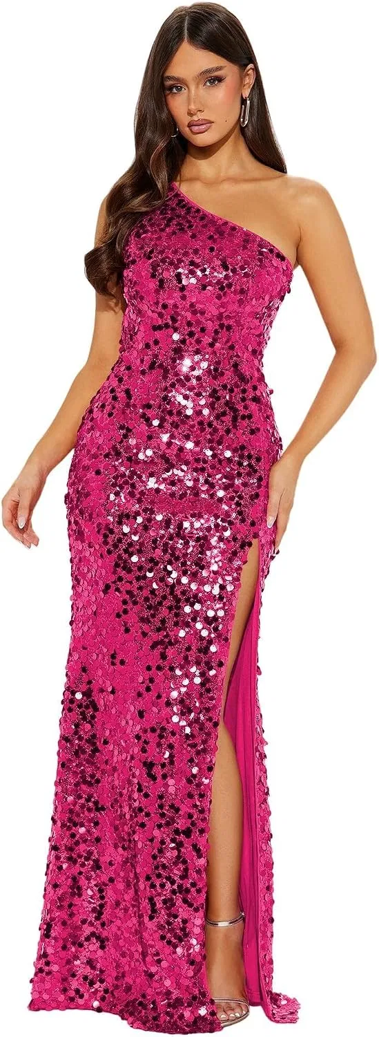 Женское блестящее пайетковое платье с одним плечом MS48, Hot Pink