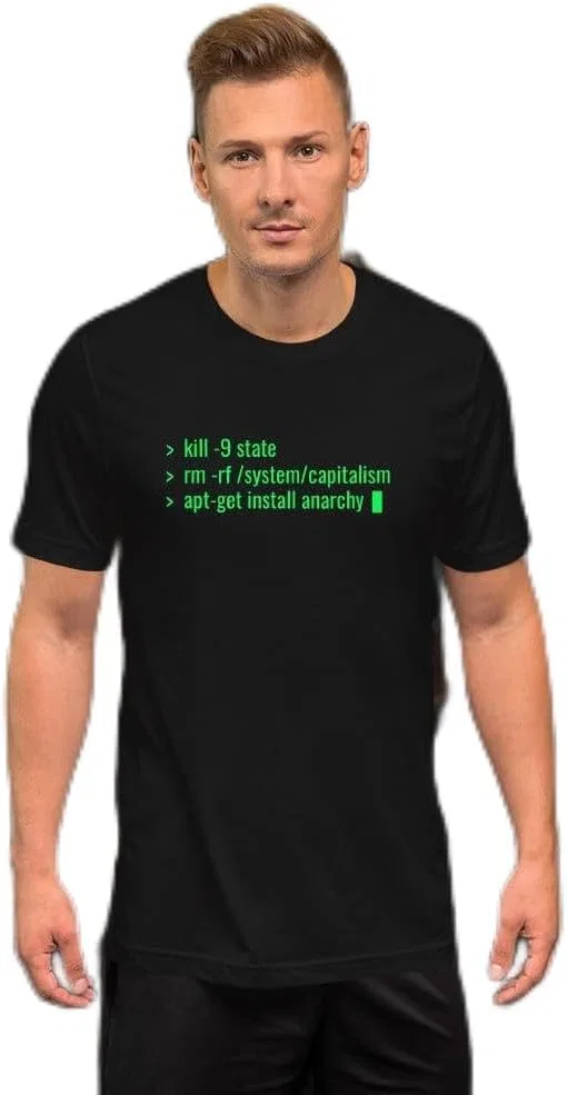 Футболка с принтом Kill -9 State rm -rf/System/Capitalism apt-get Install Anarchy, Black